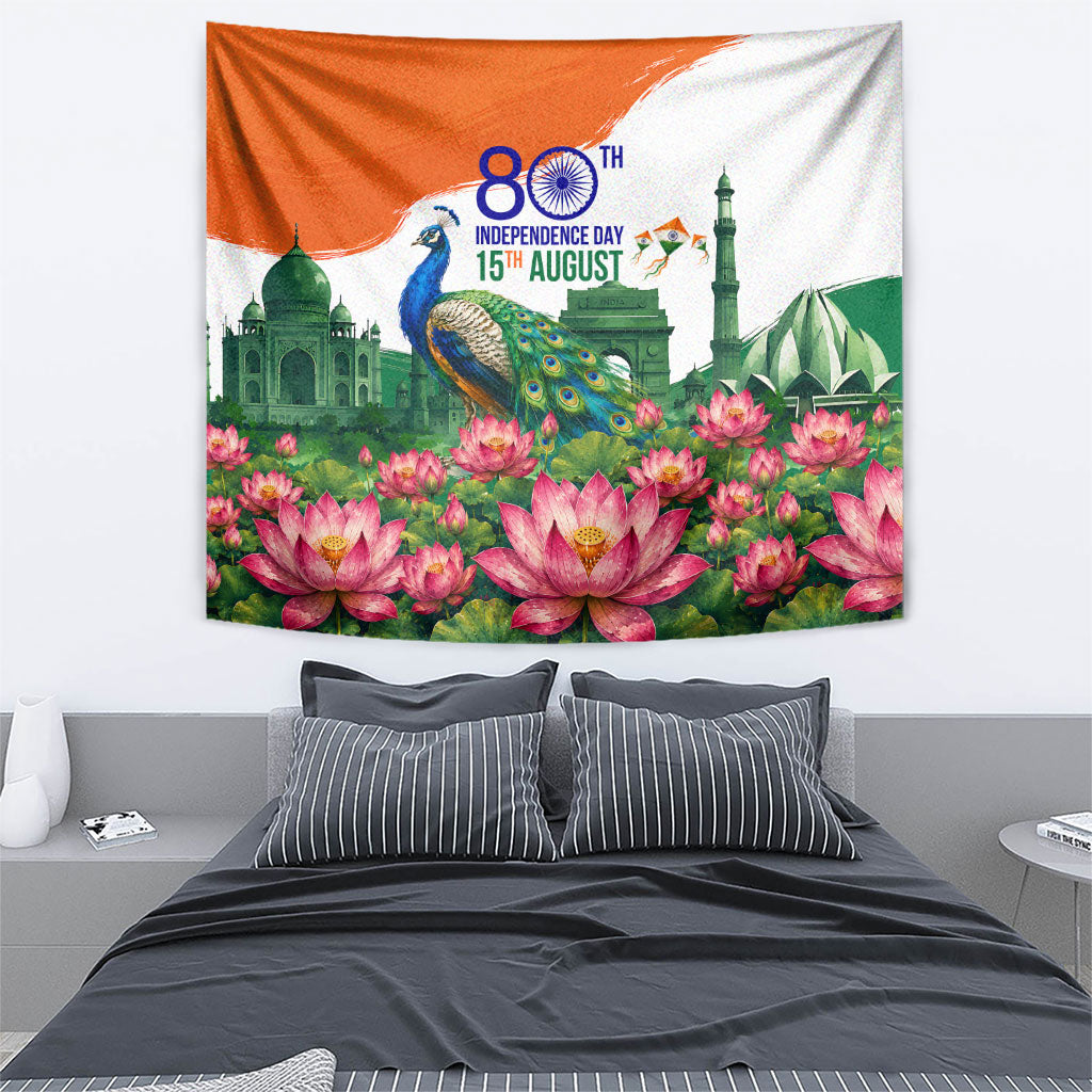 India 80th Independence Day Tapestry India Gate Peacock Lotus Heritage Landmarks