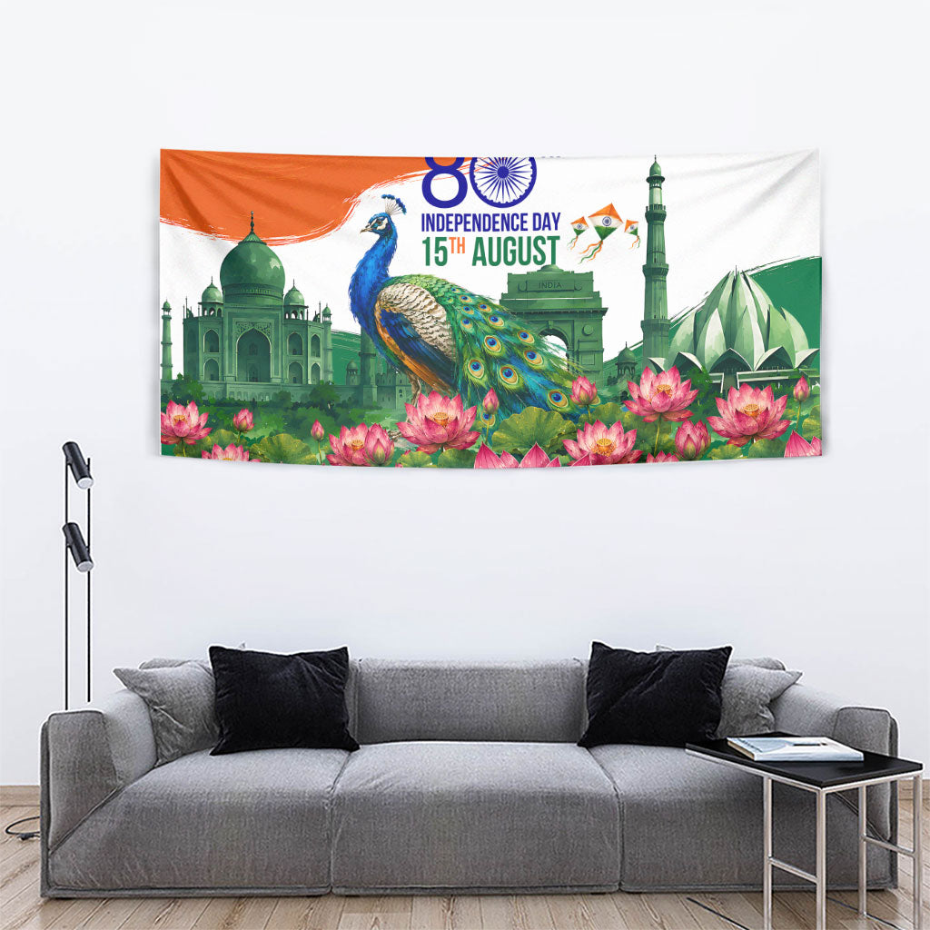 India 80th Independence Day Tapestry India Gate Peacock Lotus Heritage Landmarks