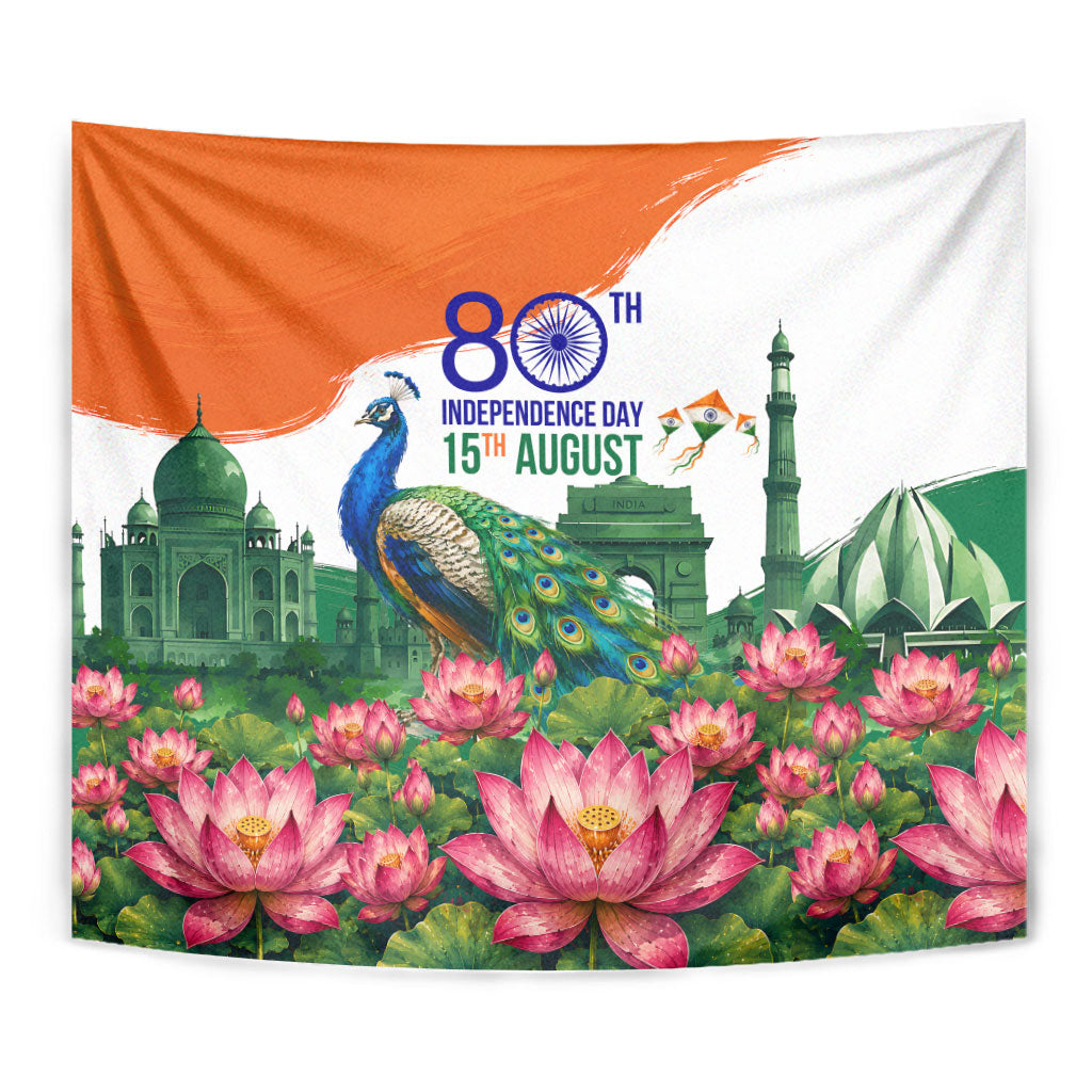 India 80th Independence Day Tapestry India Gate Peacock Lotus Heritage Landmarks