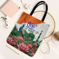 India 80th Independence Day Tote Bag India Gate Peacock Lotus Heritage Landmarks