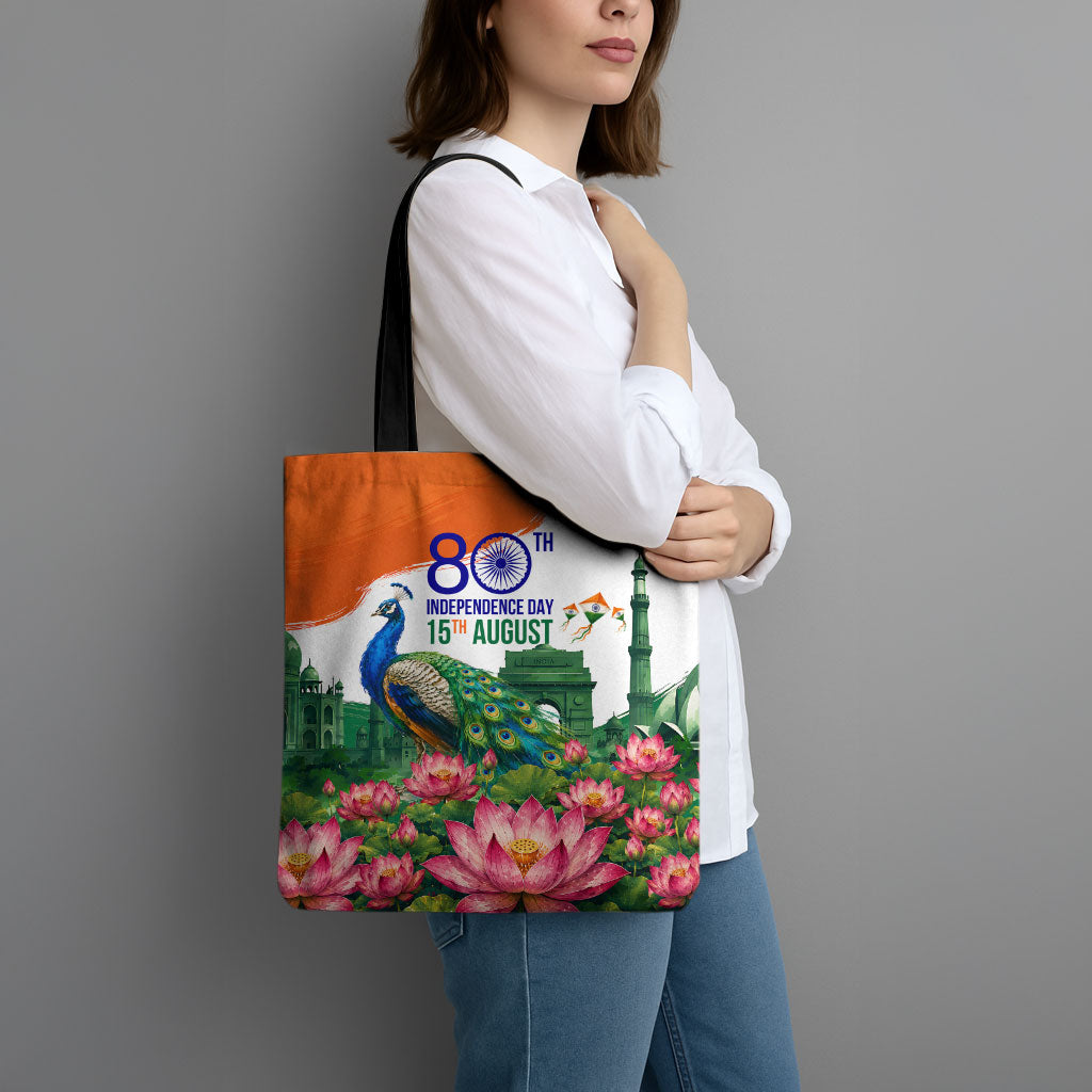 India 80th Independence Day Tote Bag India Gate Peacock Lotus Heritage Landmarks