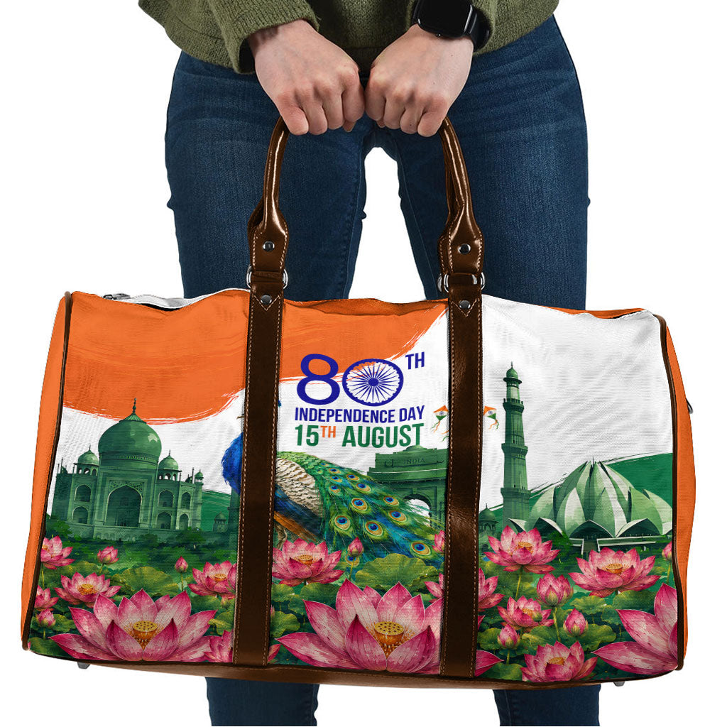 India 80th Independence Day Travel Bag India Gate Peacock Lotus Heritage Landmarks