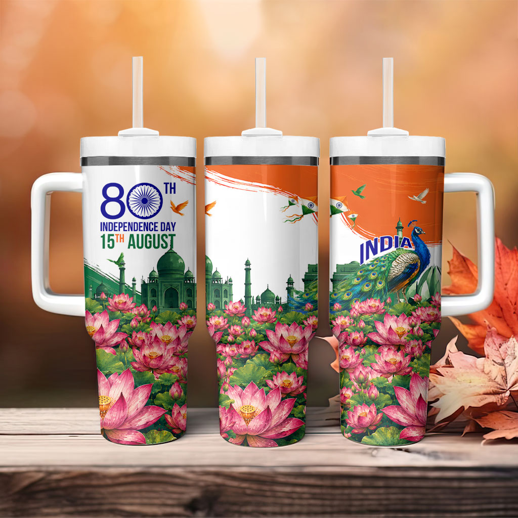 India 80th Independence Day Tumbler With Handle India Gate Peacock Lotus Heritage Landmarks