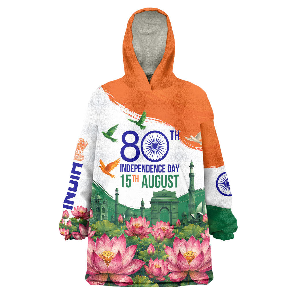 India 80th Independence Day Wearable Blanket Hoodie India Gate Peacock Lotus Heritage Landmarks