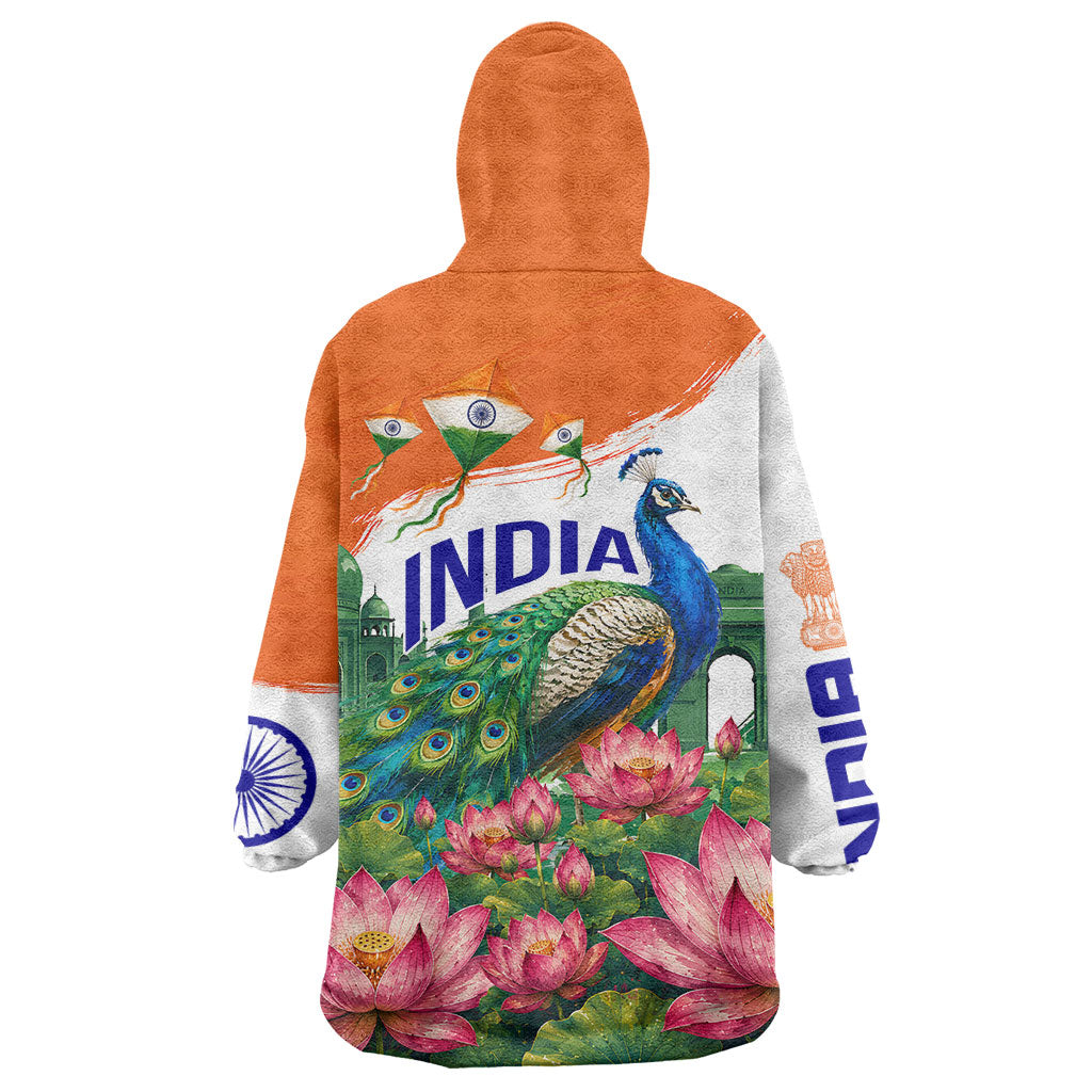 India 80th Independence Day Wearable Blanket Hoodie India Gate Peacock Lotus Heritage Landmarks