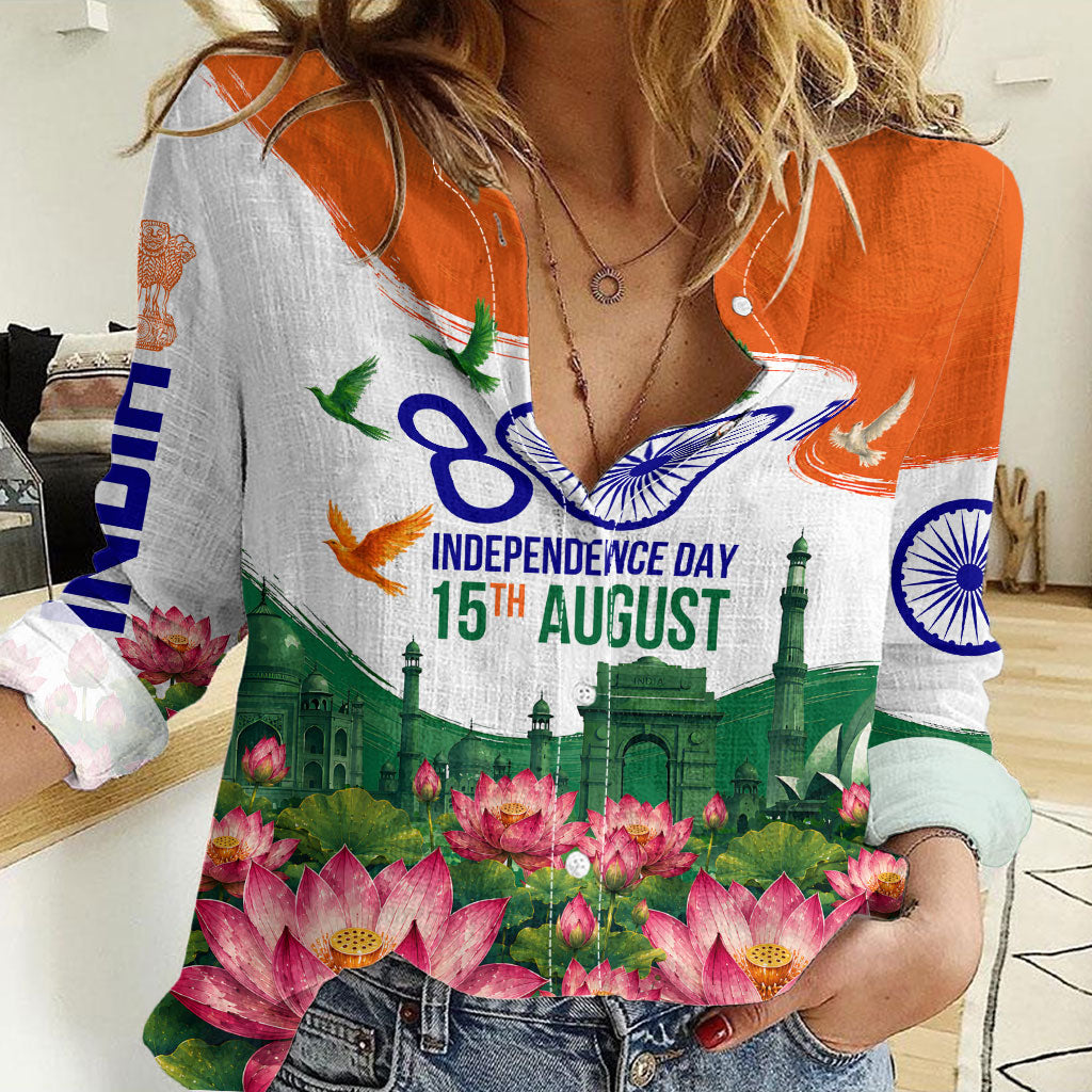 India 80th Independence Day Women Casual Shirt India Gate Peacock Lotus Heritage Landmarks