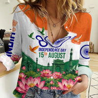India 80th Independence Day Women Casual Shirt India Gate Peacock Lotus Heritage Landmarks