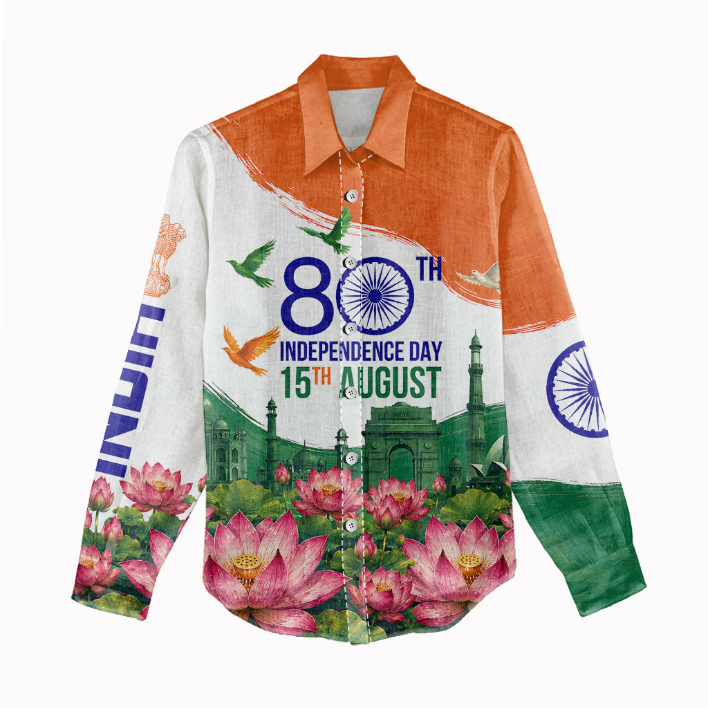 India 80th Independence Day Women Casual Shirt India Gate Peacock Lotus Heritage Landmarks