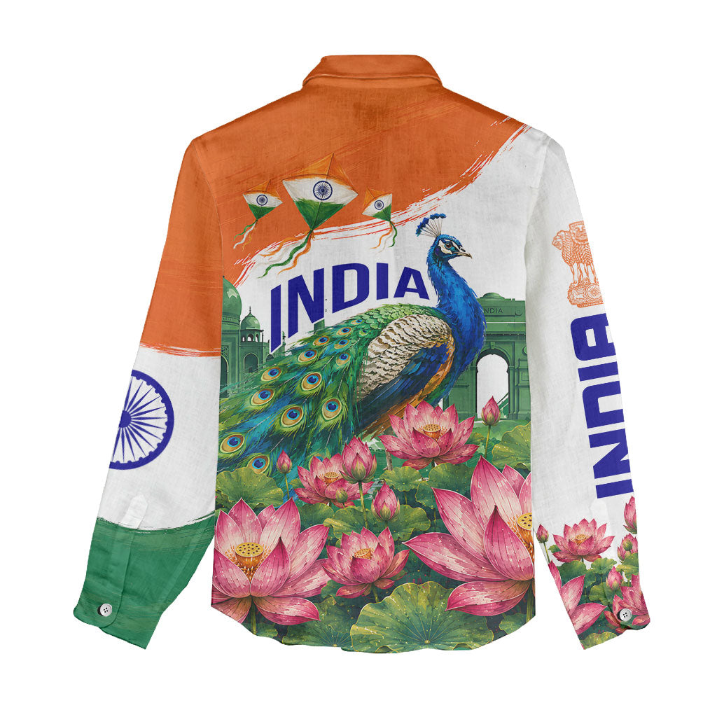 India 80th Independence Day Women Casual Shirt India Gate Peacock Lotus Heritage Landmarks