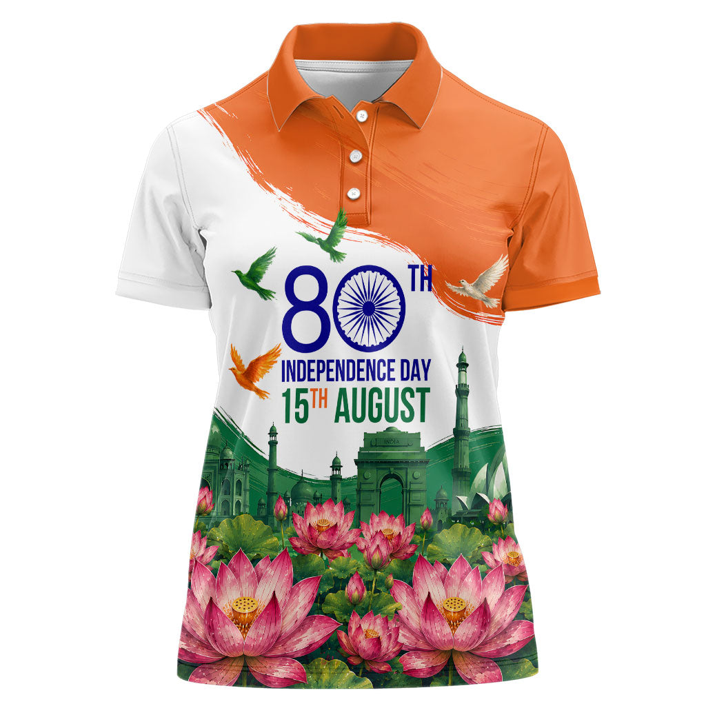 India 80th Independence Day Women Polo Shirt India Gate Peacock Lotus Heritage Landmarks
