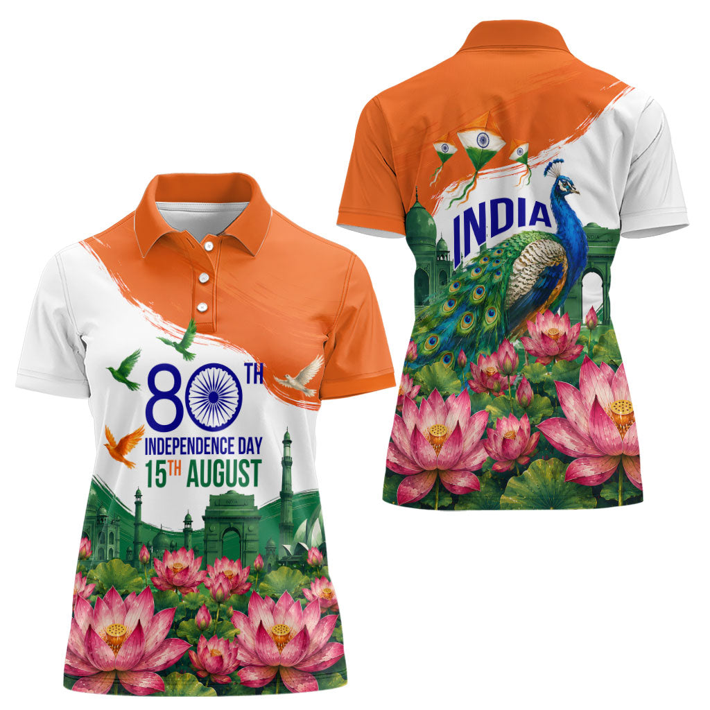 India 80th Independence Day Women Polo Shirt India Gate Peacock Lotus Heritage Landmarks