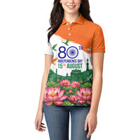 India 80th Independence Day Women Polo Shirt India Gate Peacock Lotus Heritage Landmarks