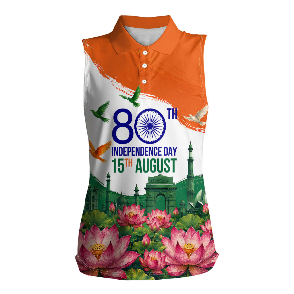 India 80th Independence Day Women Sleeveless Polo Shirt India Gate Peacock Lotus Heritage Landmarks