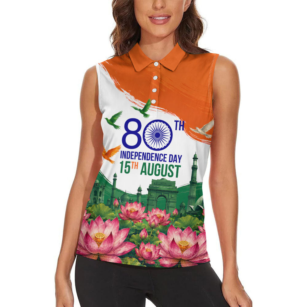 India 80th Independence Day Women Sleeveless Polo Shirt India Gate Peacock Lotus Heritage Landmarks