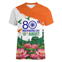 India 80th Independence Day Women V-Neck T-Shirt India Gate Peacock Lotus Heritage Landmarks