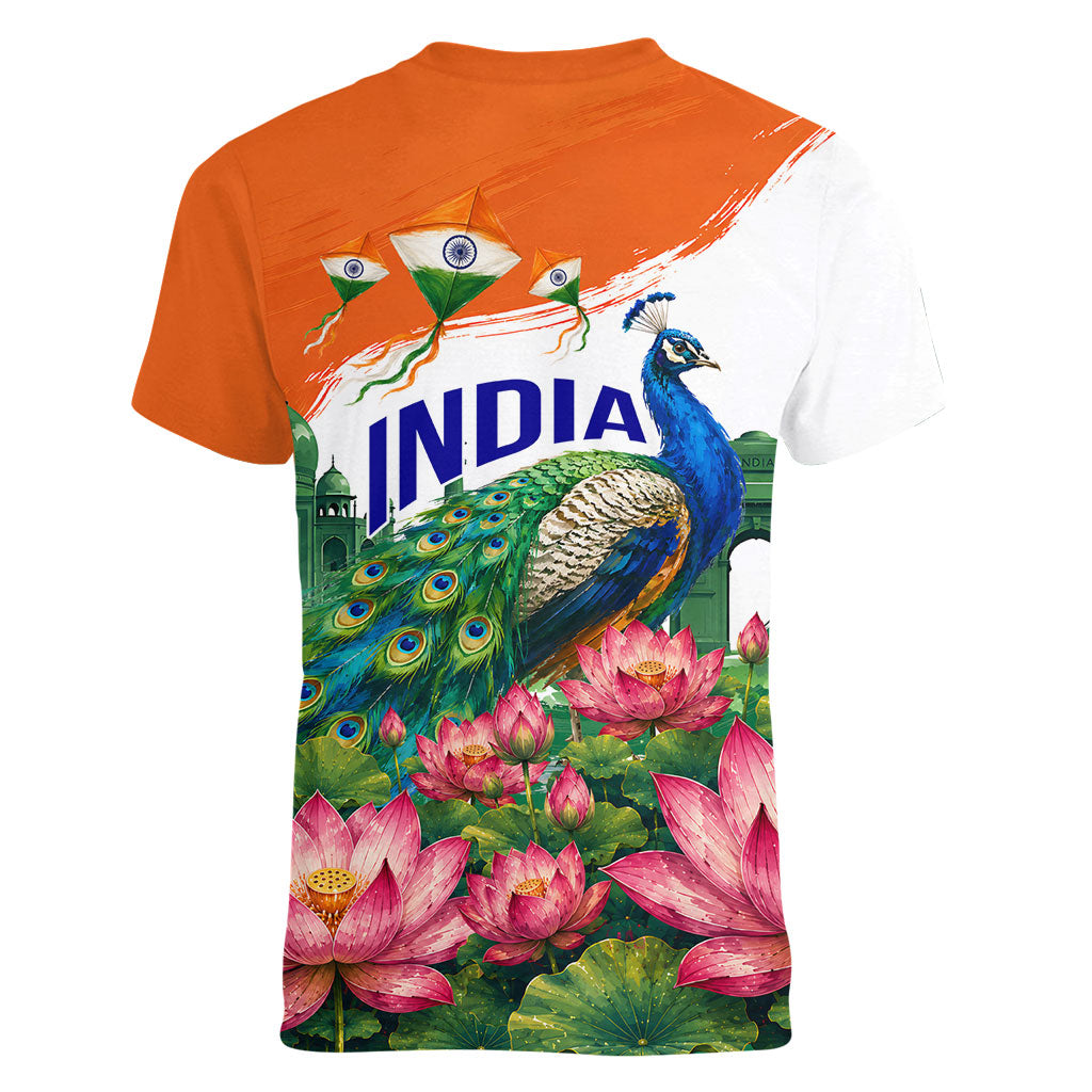 India 80th Independence Day Women V-Neck T-Shirt India Gate Peacock Lotus Heritage Landmarks