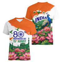 India 80th Independence Day Women V-Neck T-Shirt India Gate Peacock Lotus Heritage Landmarks