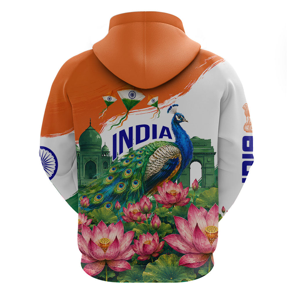 India 80th Independence Day Zip Hoodie India Gate Peacock Lotus Heritage Landmarks