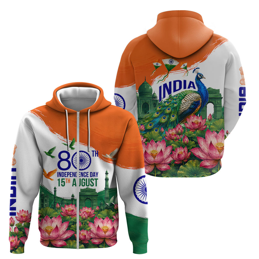 India 80th Independence Day Zip Hoodie India Gate Peacock Lotus Heritage Landmarks