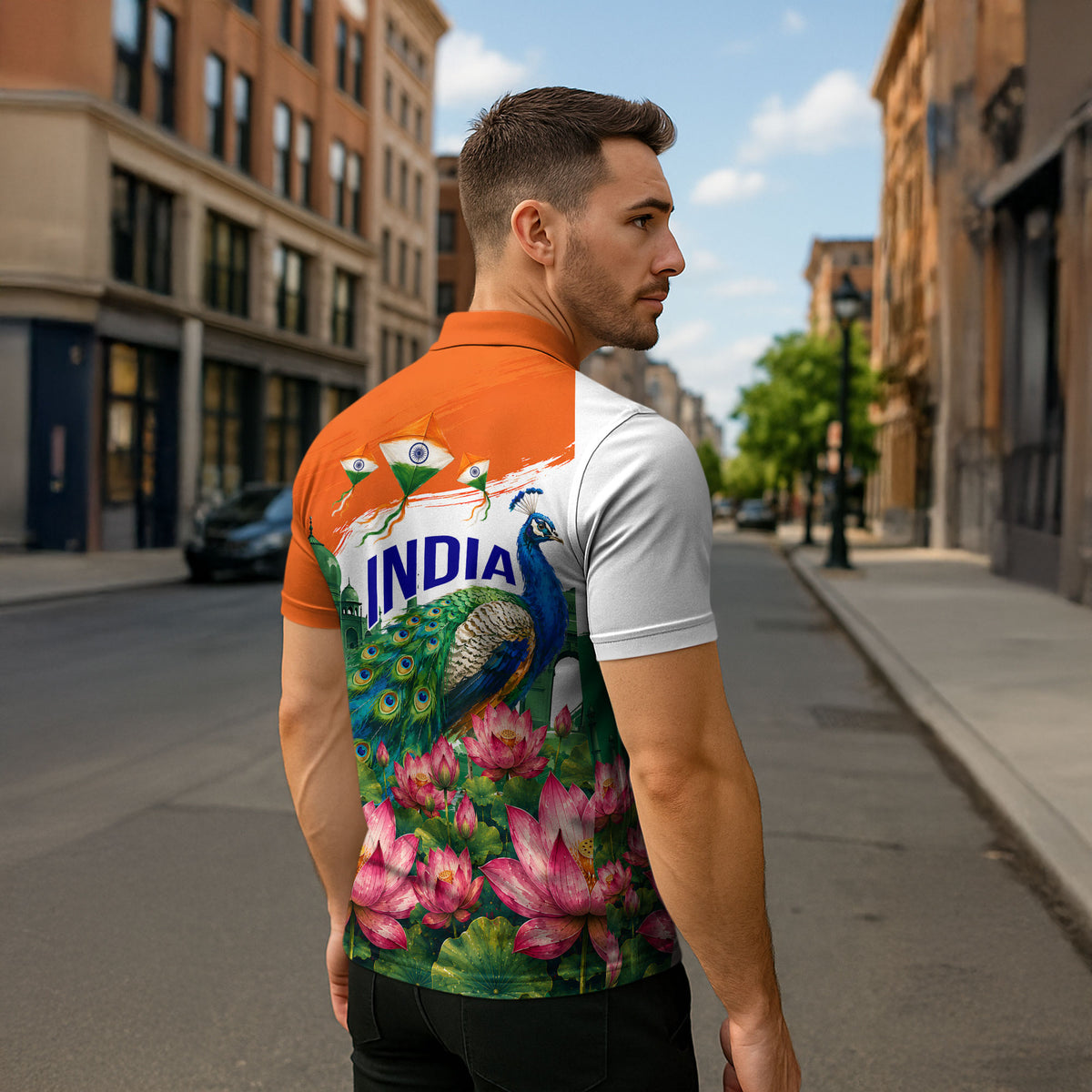 India 80th Independence Day Zipper Polo Shirt India Gate Peacock Lotus Heritage Landmarks