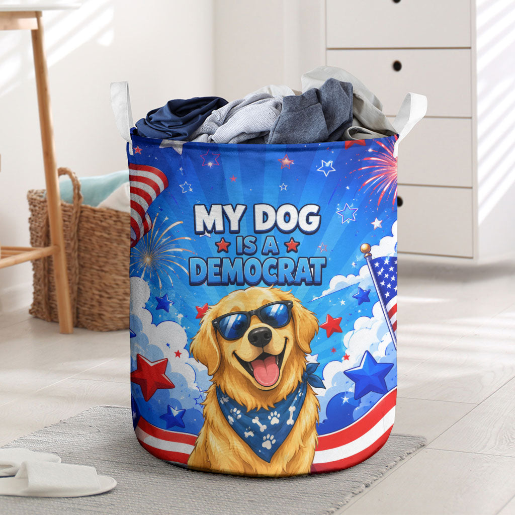 My Dog Is A Democrat Golden Retriever Laundry Basket Patriotic American Fireworks Cute Cartoon Dog