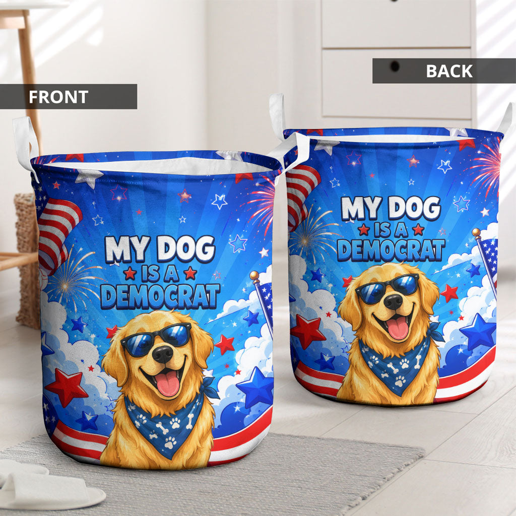 My Dog Is A Democrat Golden Retriever Laundry Basket Patriotic American Fireworks Cute Cartoon Dog