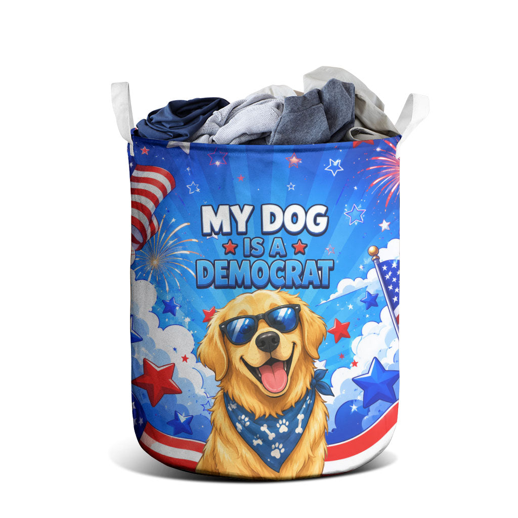 My Dog Is A Democrat Golden Retriever Laundry Basket Patriotic American Fireworks Cute Cartoon Dog