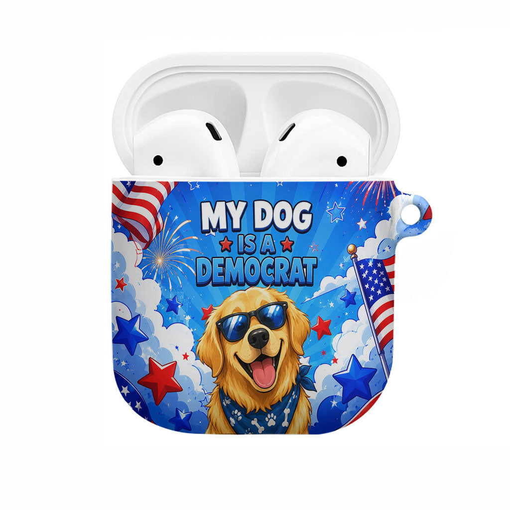My Dog Is A Democrat Golden Retriever AirPods Case Patriotic American Fireworks Cute Cartoon Dog