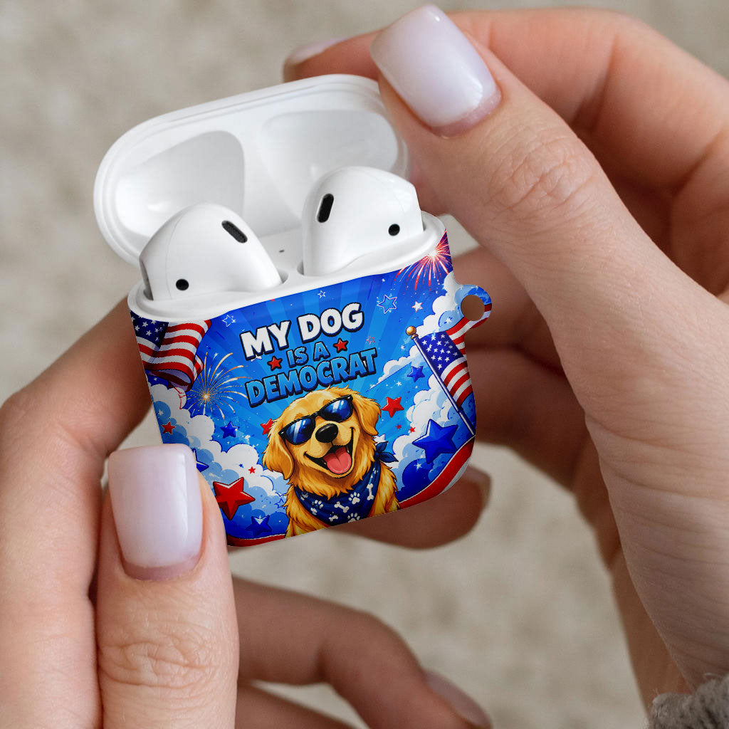 My Dog Is A Democrat Golden Retriever AirPods Case Patriotic American Fireworks Cute Cartoon Dog