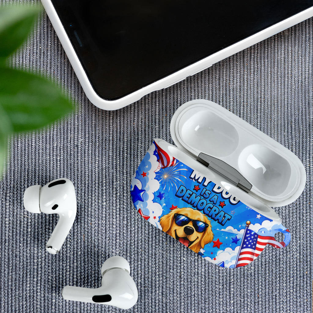 My Dog Is A Democrat Golden Retriever AirPods Case Patriotic American Fireworks Cute Cartoon Dog