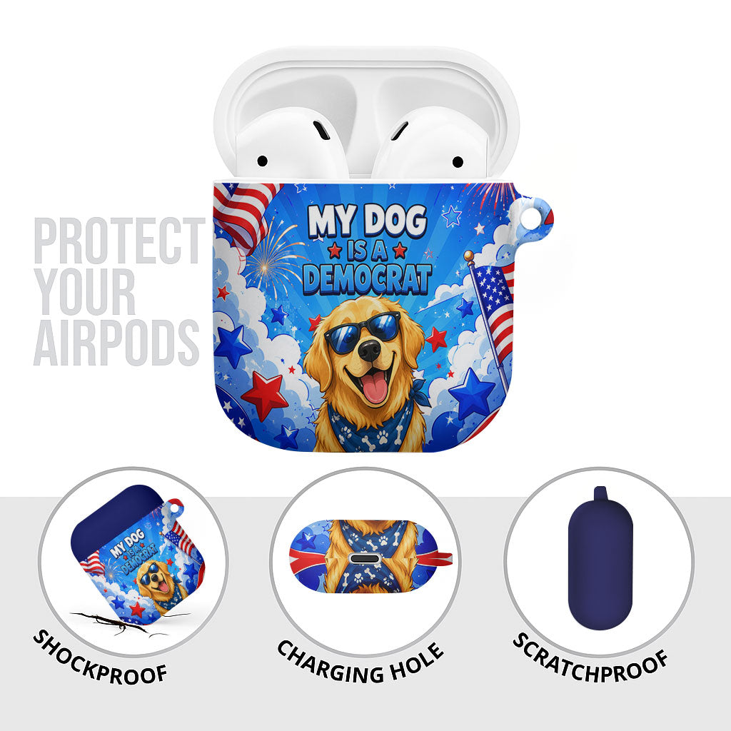 My Dog Is A Democrat Golden Retriever AirPods Case Patriotic American Fireworks Cute Cartoon Dog