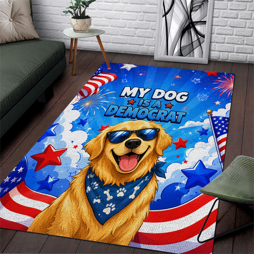 My Dog Is A Democrat Golden Retriever Area Rug Patriotic American Fireworks Cute Cartoon Dog