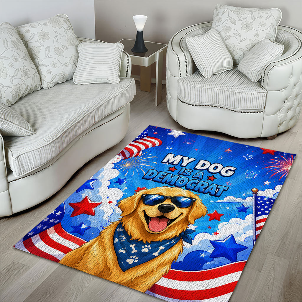 My Dog Is A Democrat Golden Retriever Area Rug Patriotic American Fireworks Cute Cartoon Dog