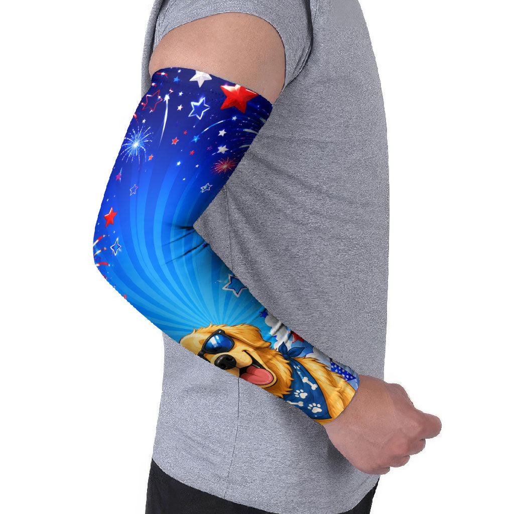 My Dog Is A Democrat Golden Retriever Arm Sleeves Patriotic American Fireworks Cute Cartoon Dog