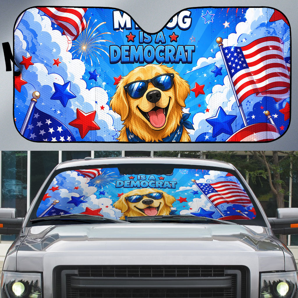 My Dog Is A Democrat Golden Retriever Auto Sun Shade Patriotic American Fireworks Cute Cartoon Dog