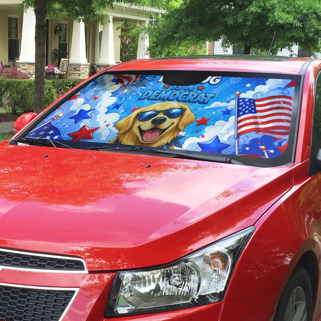 My Dog Is A Democrat Golden Retriever Auto Sun Shade Patriotic American Fireworks Cute Cartoon Dog