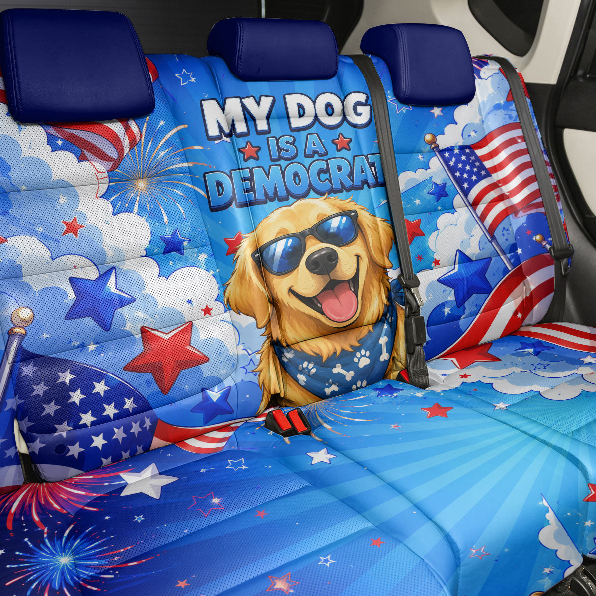 My Dog Is A Democrat Golden Retriever Back Car Seat Cover Patriotic American Fireworks Cute Cartoon Dog