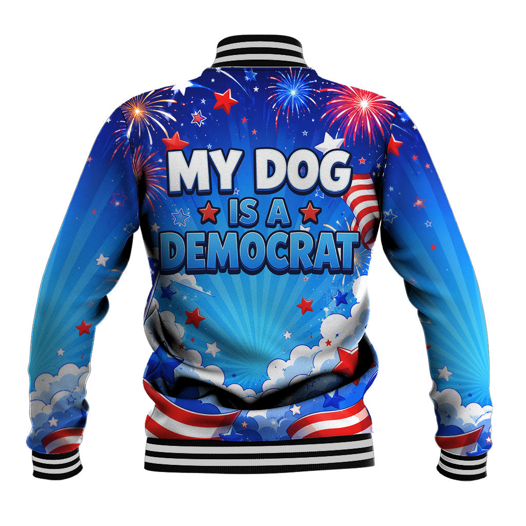 My Dog Is A Democrat Golden Retriever Baseball Jacket Patriotic American Fireworks Cute Cartoon Dog