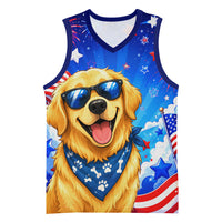 My Dog Is A Democrat Golden Retriever Basketball Jersey Patriotic American Fireworks Cute Cartoon Dog