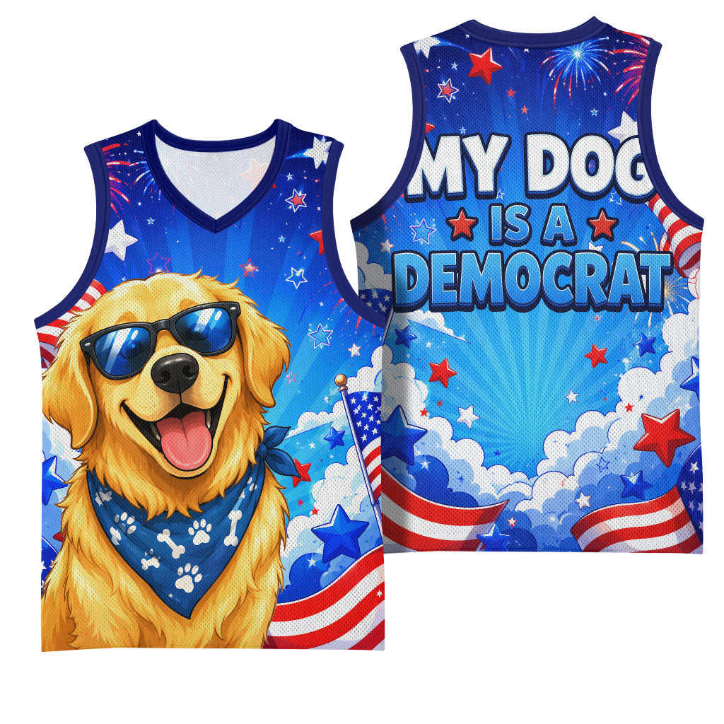 My Dog Is A Democrat Golden Retriever Basketball Jersey Patriotic American Fireworks Cute Cartoon Dog