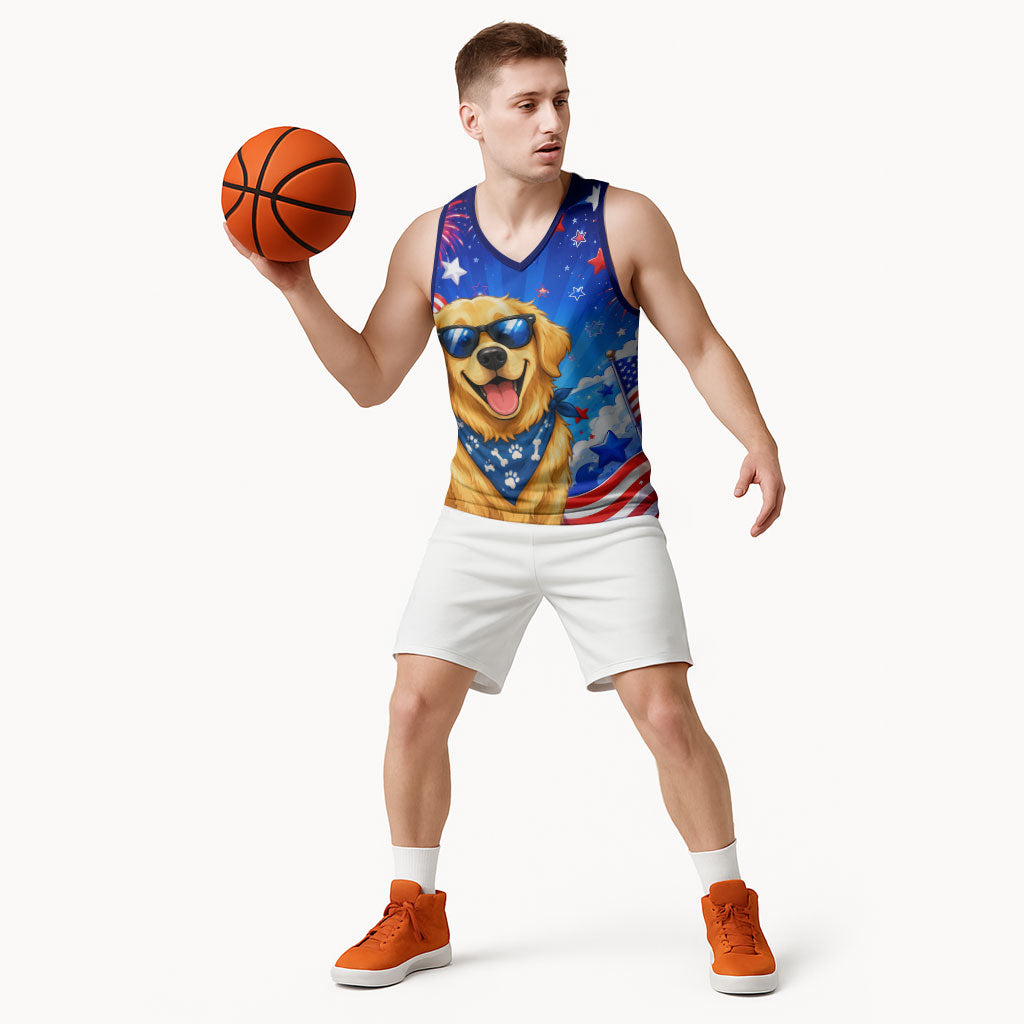 My Dog Is A Democrat Golden Retriever Basketball Jersey Patriotic American Fireworks Cute Cartoon Dog