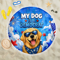 My Dog Is A Democrat Golden Retriever Beach Blanket Patriotic American Fireworks Cute Cartoon Dog
