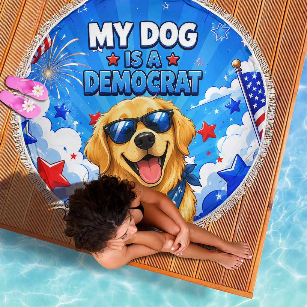 My Dog Is A Democrat Golden Retriever Beach Blanket Patriotic American Fireworks Cute Cartoon Dog