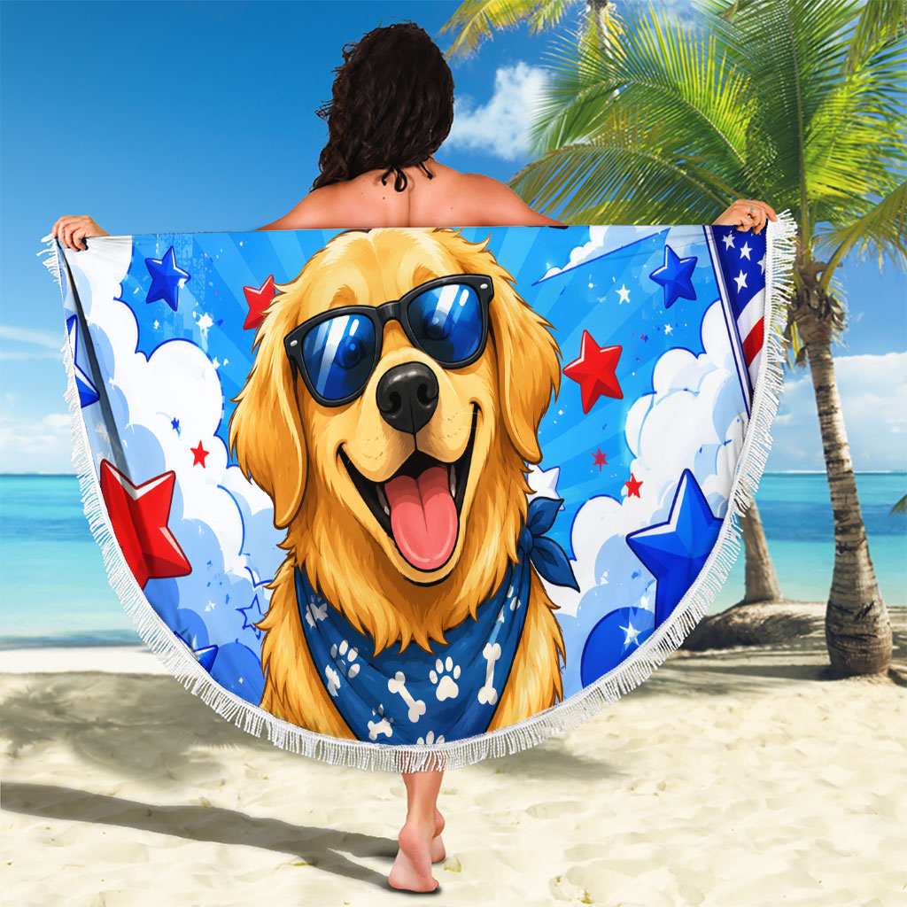 My Dog Is A Democrat Golden Retriever Beach Blanket Patriotic American Fireworks Cute Cartoon Dog