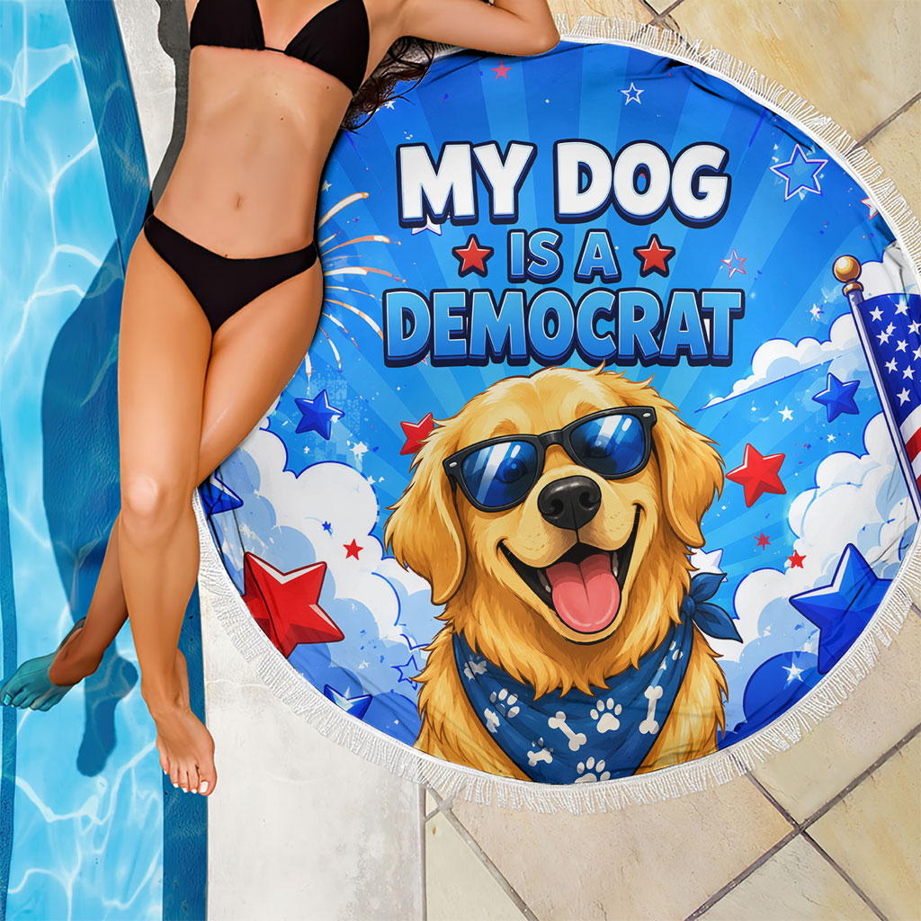 My Dog Is A Democrat Golden Retriever Beach Blanket Patriotic American Fireworks Cute Cartoon Dog