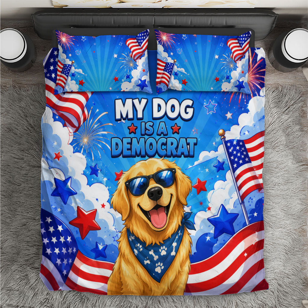 My Dog Is A Democrat Golden Retriever Bedding Set Patriotic American Fireworks Cute Cartoon Dog