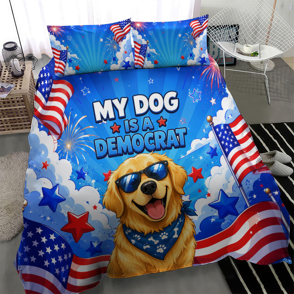 My Dog Is A Democrat Golden Retriever Bedding Set Patriotic American Fireworks Cute Cartoon Dog