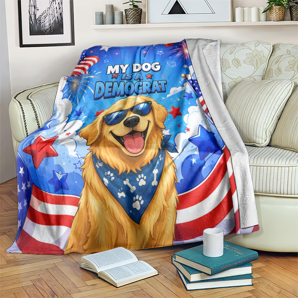 My Dog Is A Democrat Golden Retriever Blanket Patriotic American Fireworks Cute Cartoon Dog