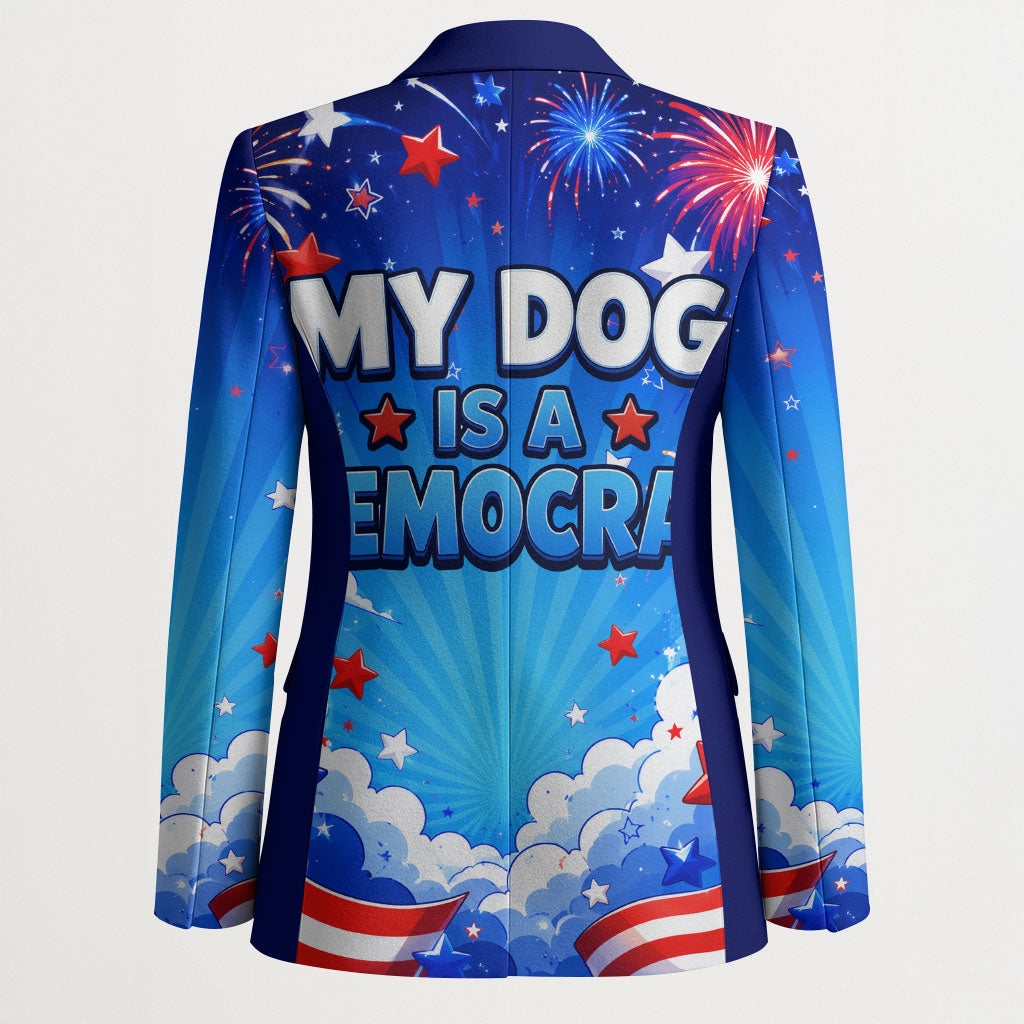 My Dog Is A Democrat Golden Retriever Blazer Patriotic American Fireworks Cute Cartoon Dog
