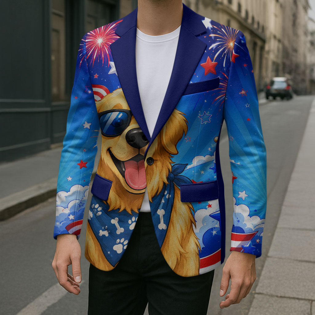 My Dog Is A Democrat Golden Retriever Blazer Patriotic American Fireworks Cute Cartoon Dog